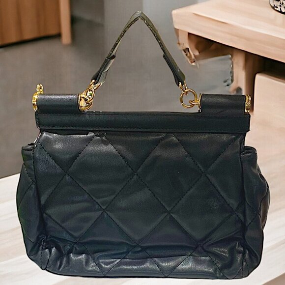 BADGLEY MISCHKA Black Vegan Leather Studded Big Diamond Quilted Top Handle Bag - Picture 3 of 11